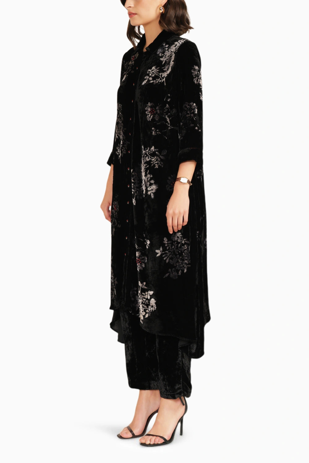 Black Discharge Print Silk Velvet Tunic with Straight Pants