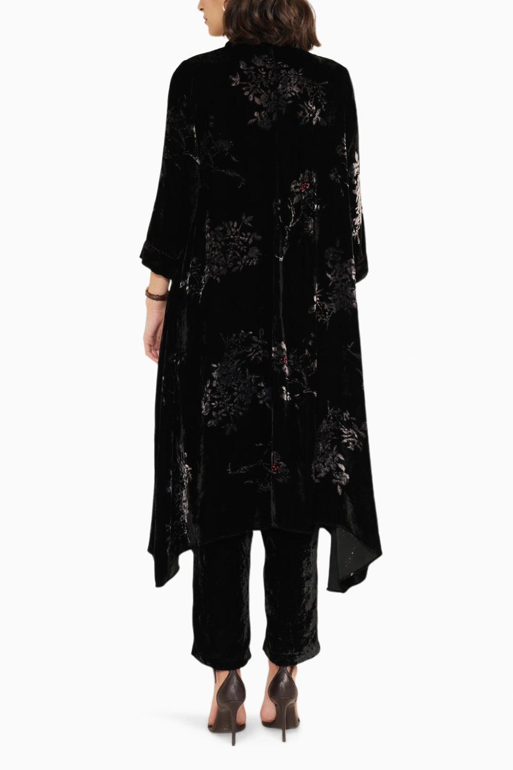 Black Discharge Print Silk Velvet Tunic with Straight Pants