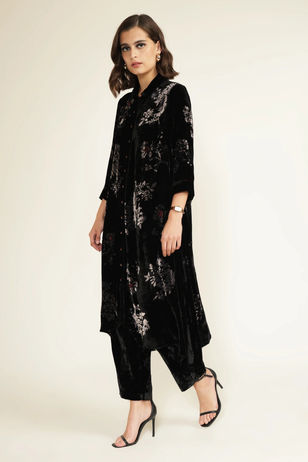 Black Discharge Print Silk Velvet Tunic with Straight Pants