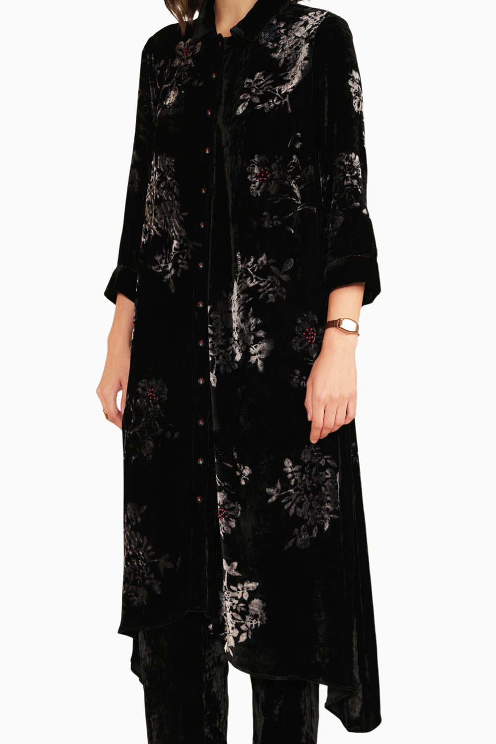 Black Discharge Print Silk Velvet Tunic with Straight Pants