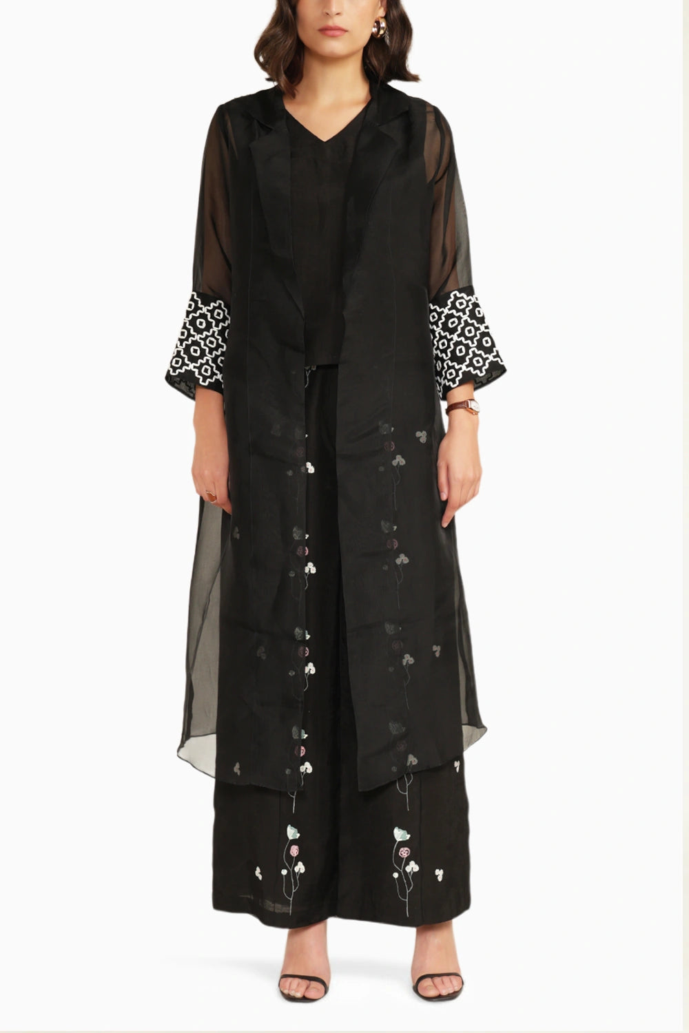 Black Organza Jacket with Embroidered Sleeves and Printed Flared Pants