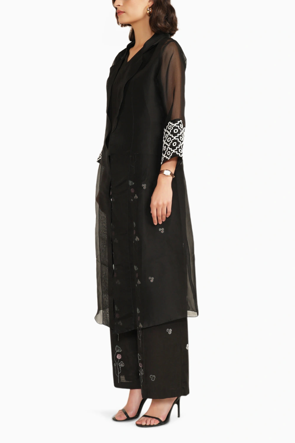 Black Organza Jacket with Embroidered Sleeves and Printed Flared Pants