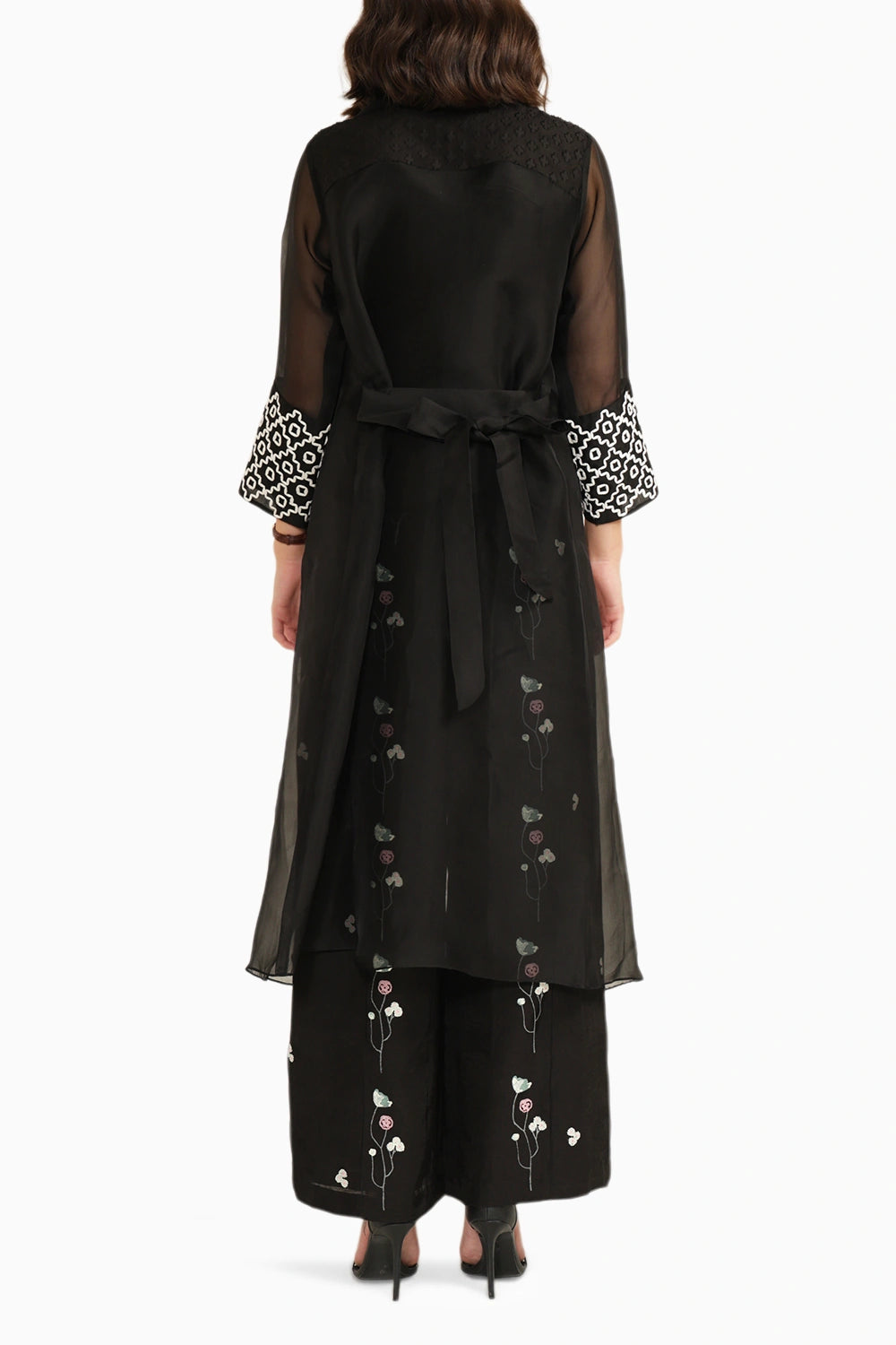 Black Organza Jacket with Embroidered Sleeves and Printed Flared Pants