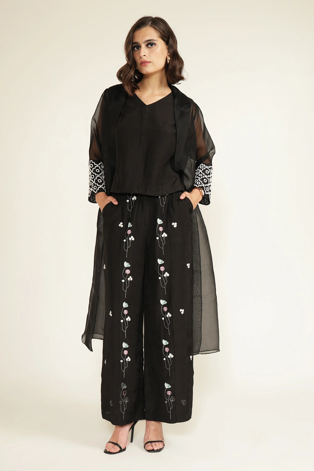 Black Organza Jacket with Embroidered Sleeves and Printed Flared Pants