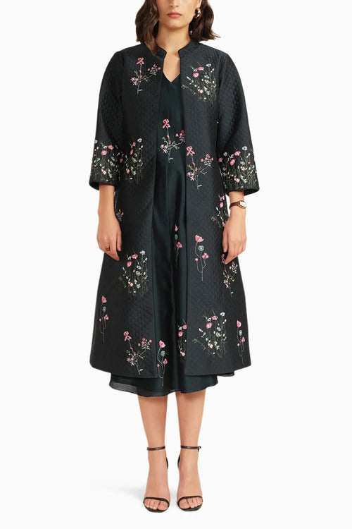 Indigo Printed Dress with Embroidered Quilted Jacket