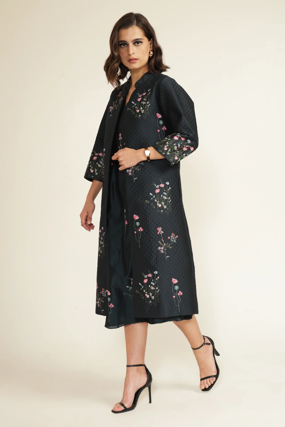 Indigo Printed Dress with Embroidered Quilted Jacket