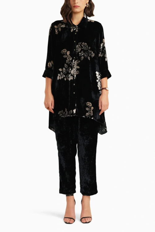 Indigo Silk Velvet Discharge Print Shirt and Straight Pant