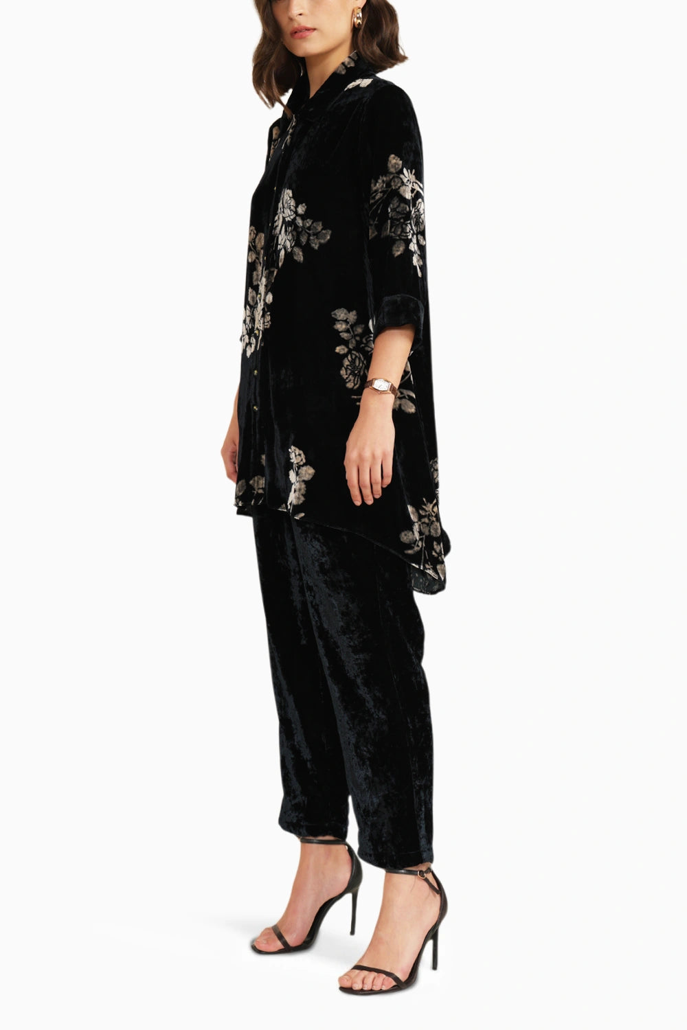 Indigo Silk Velvet Discharge Print Shirt and Straight Pant