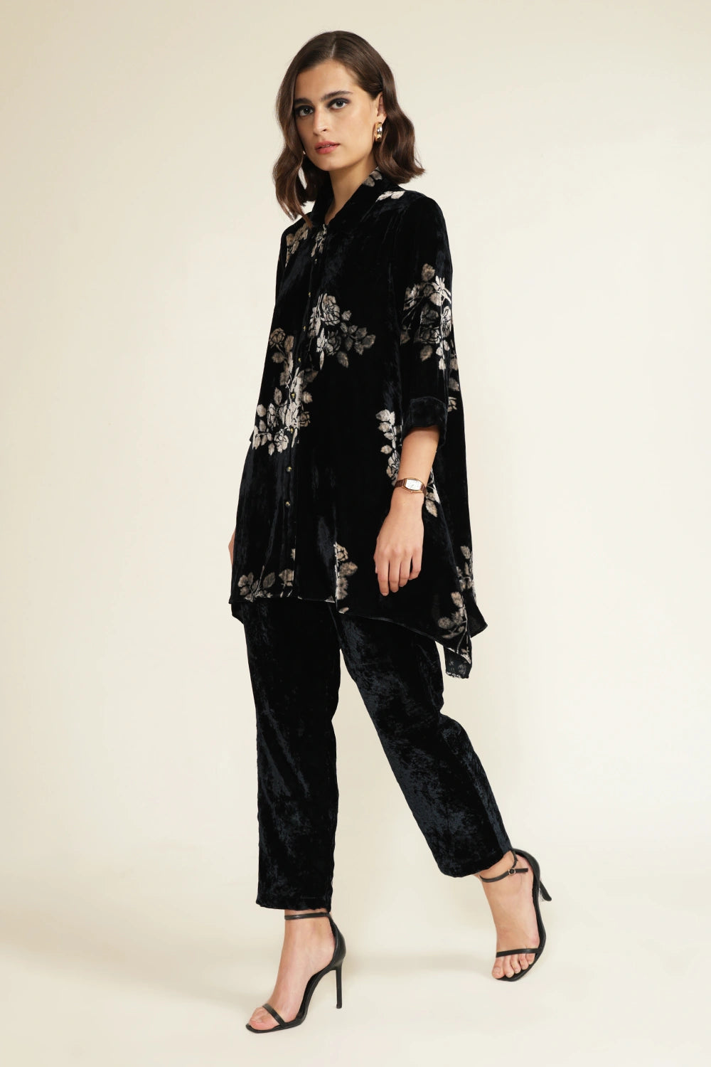 Indigo Silk Velvet Discharge Print Shirt and Straight Pant