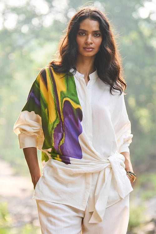Printed Side-Tie Linen Shirt
