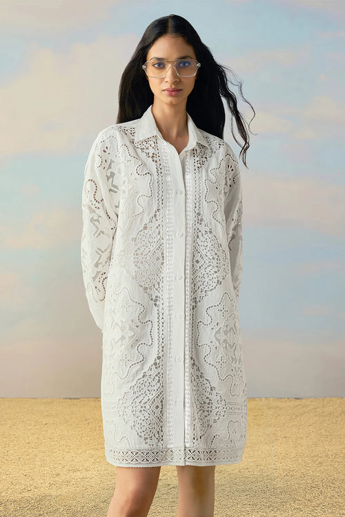 Linen Cutwork And Lace Embroidered Shirt Dress