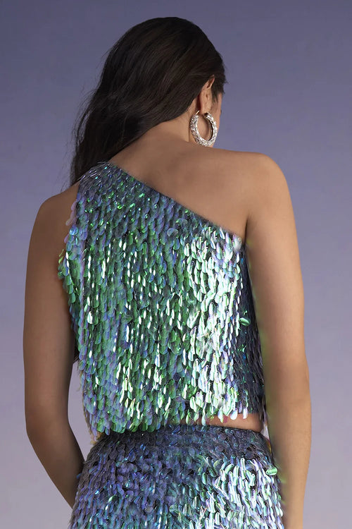Iridescent Paillette One-Shoulder Top