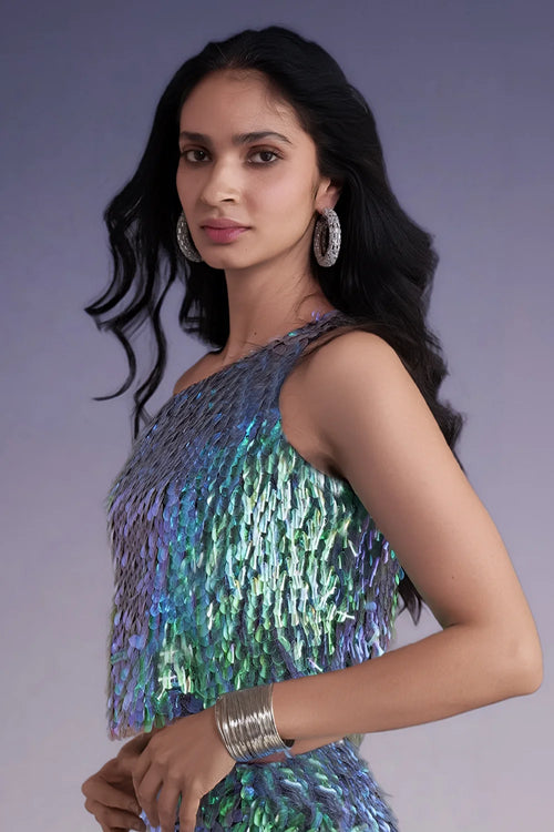 Iridescent Paillette One-Shoulder Top