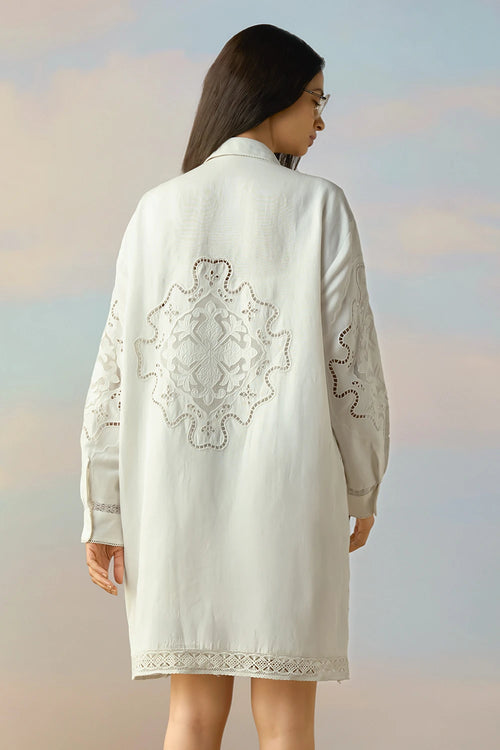 Linen Cutwork And Lace Embroidered Shirt Dress
