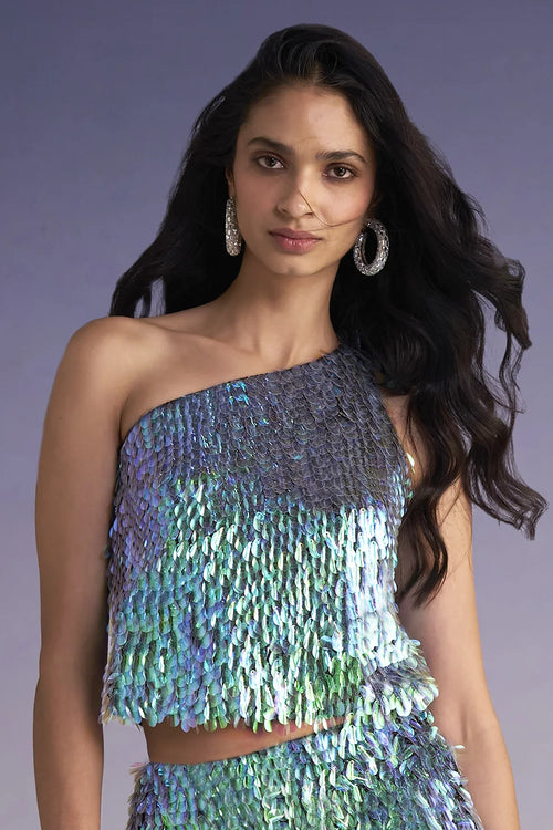 Iridescent Paillette One-Shoulder Top And Skirt Set
