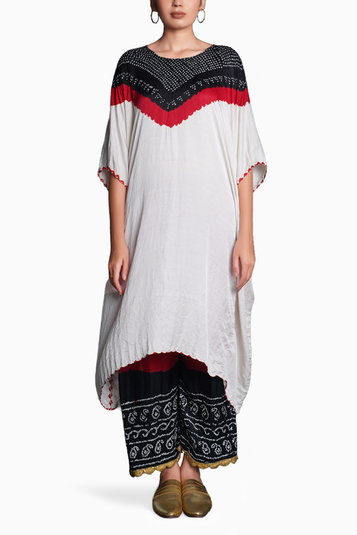 White Black Kaftan with Bandhani Pants