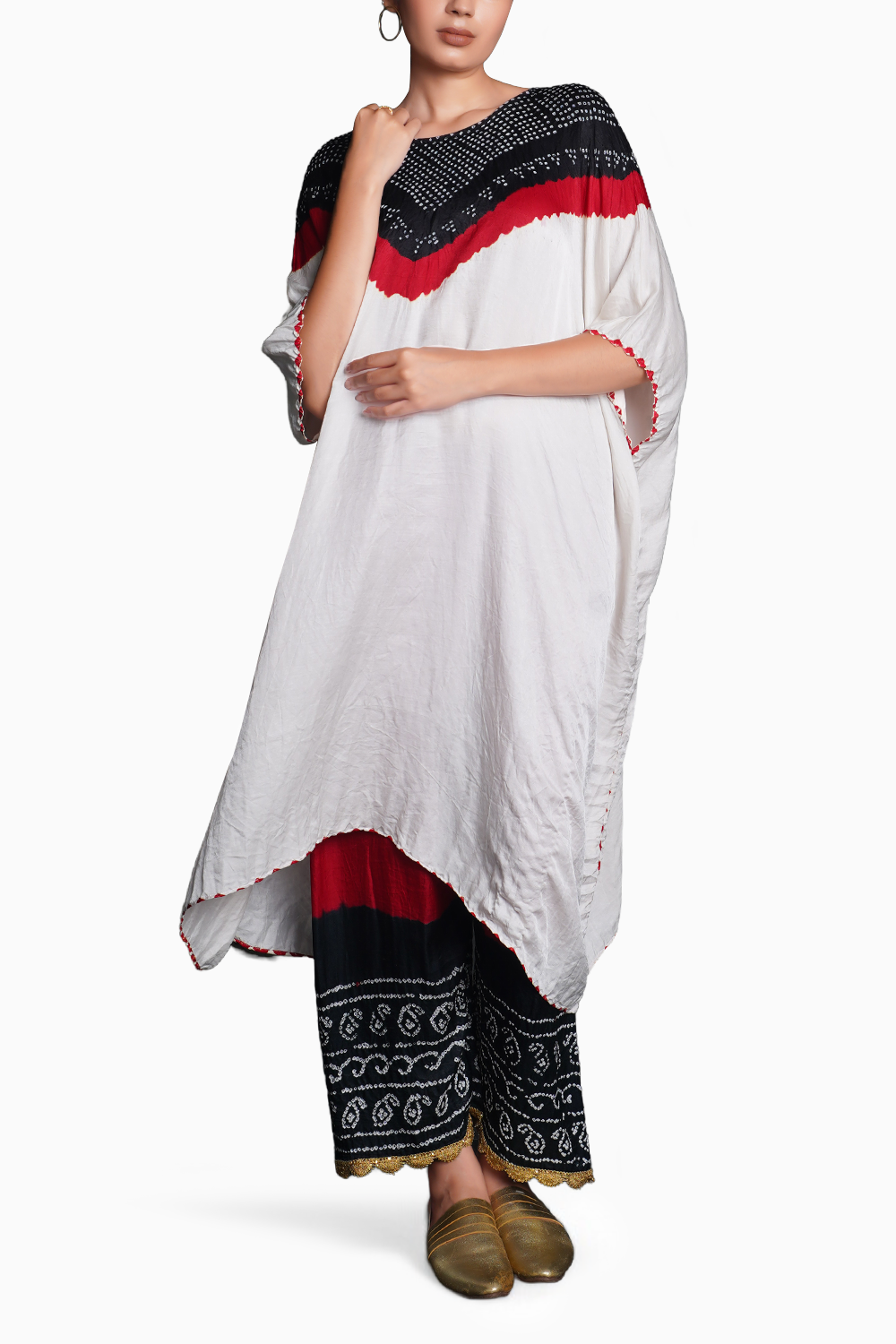 White Black Kaftan with Bandhani Pants