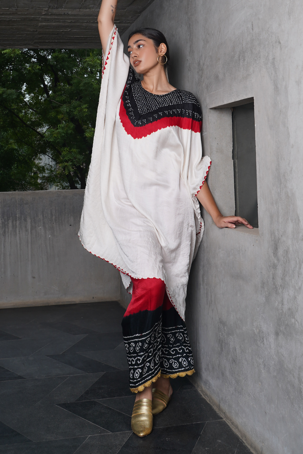 White Black Kaftan with Bandhani Pants