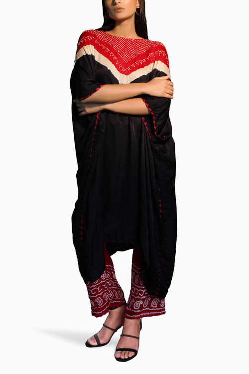 Black and Red Kaftan with Bandhani Pants