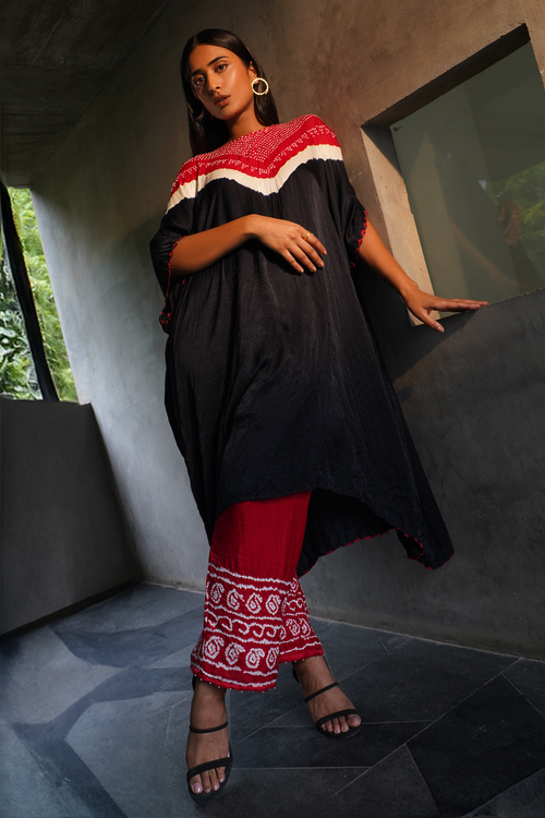 Black and Red Kaftan with Bandhani Pants