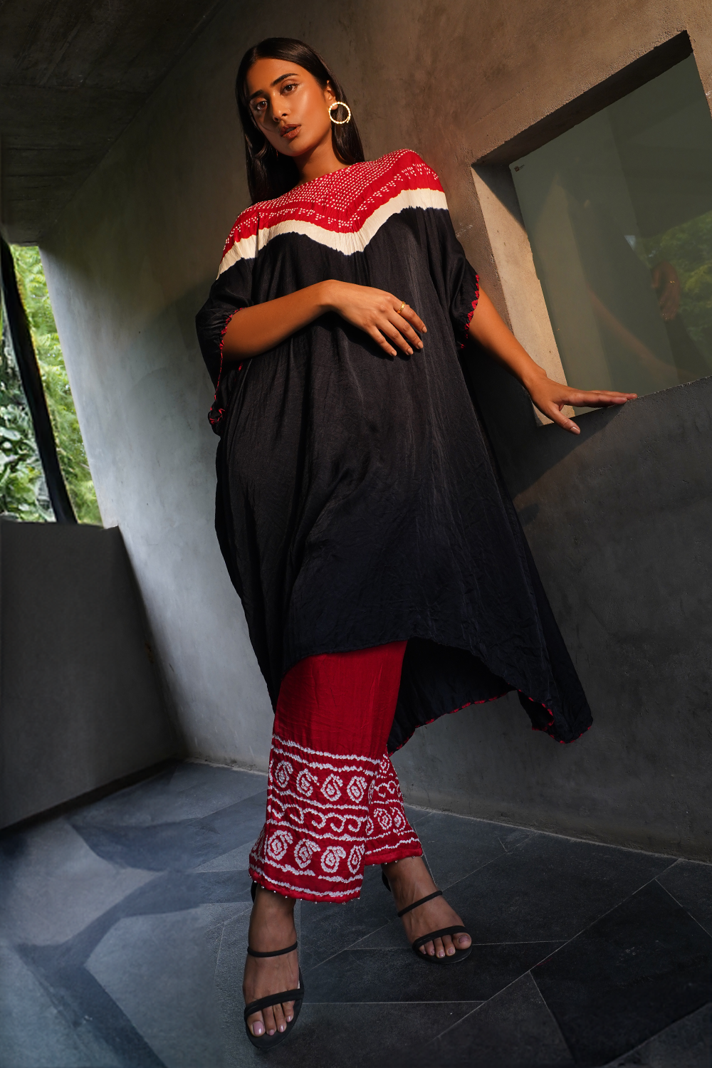 Black and Red Kaftan with Bandhani Pants