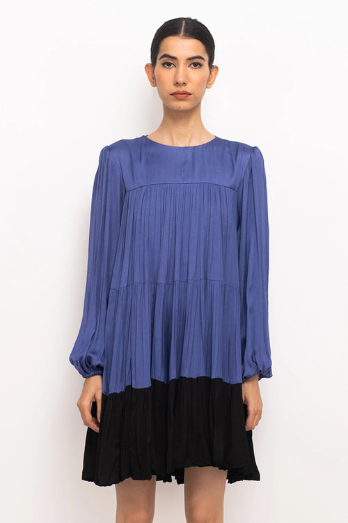 Blue-Black Gather Short Dress