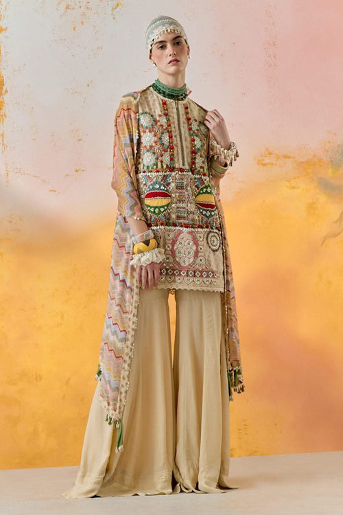 Multi Mural Mehru Embo Dress with Flare Trouser and Dupatta