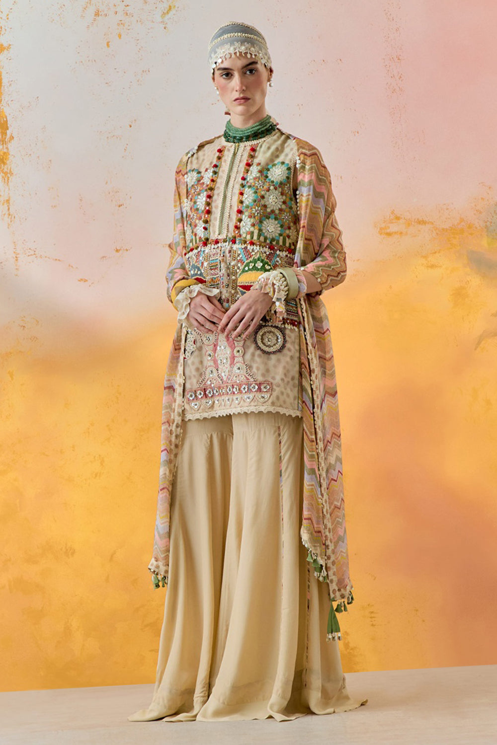 Multi Mural Mehru Embo Dress with Flare Trouser and Dupatta