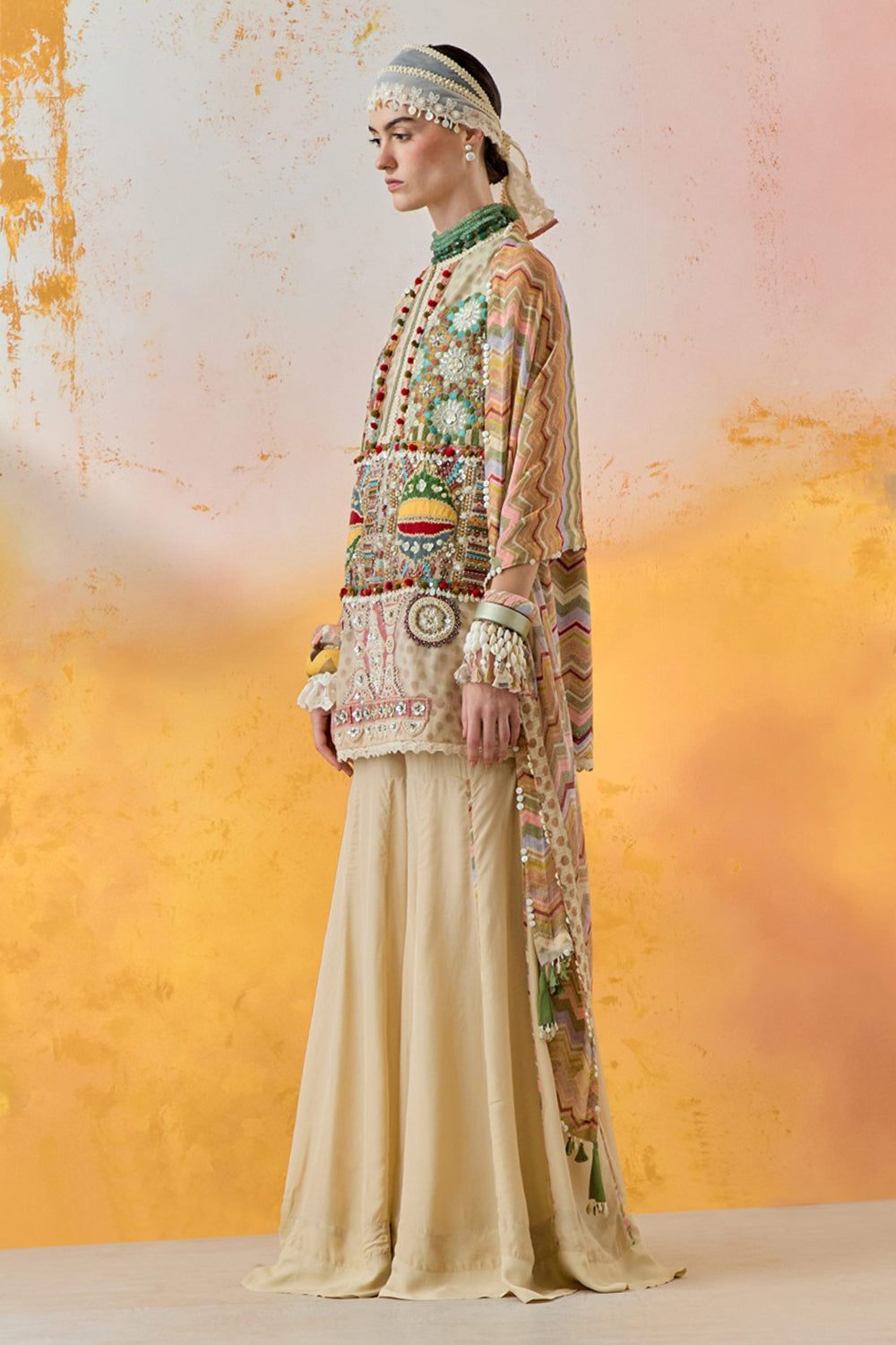 Multi Mural Mehru Embo Dress with Flare Trouser and Dupatta