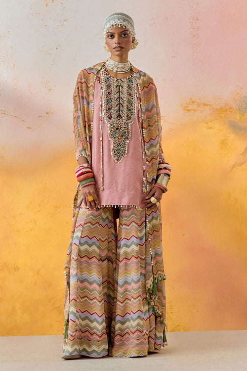 Shell Pink Mural Mitra Short Kurta with Flare Trouser and Dupatta