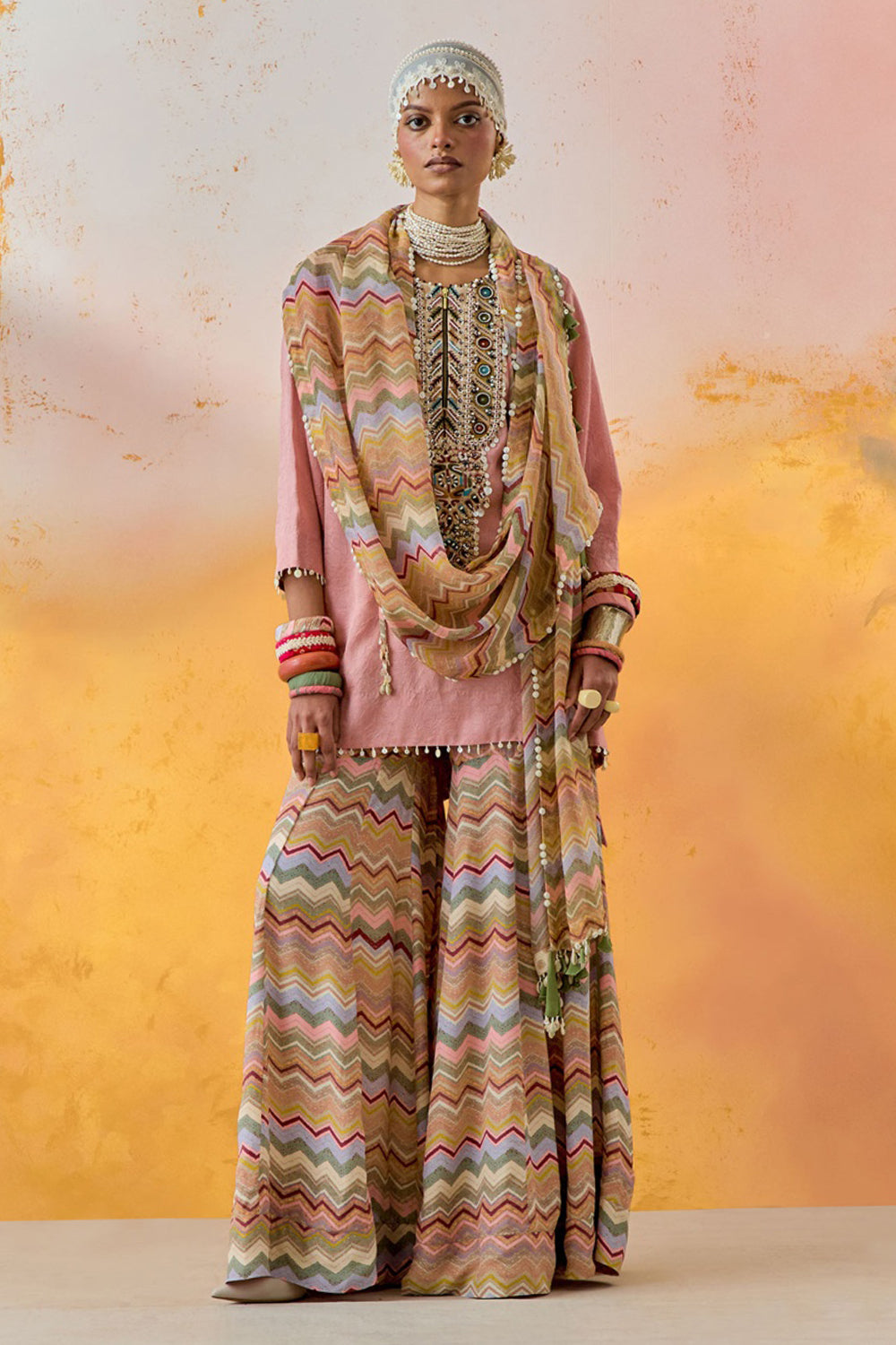 Shell Pink Mural Mitra Short Kurta with Flare Trouser and Dupatta