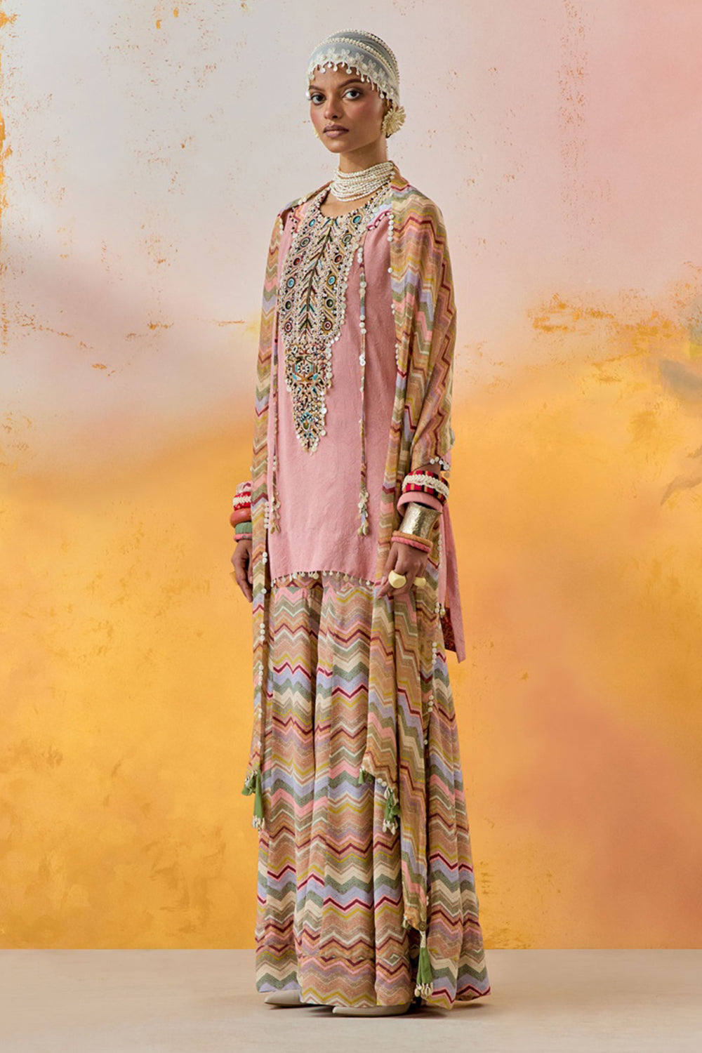 Shell Pink Mural Mitra Short Kurta with Flare Trouser and Dupatta