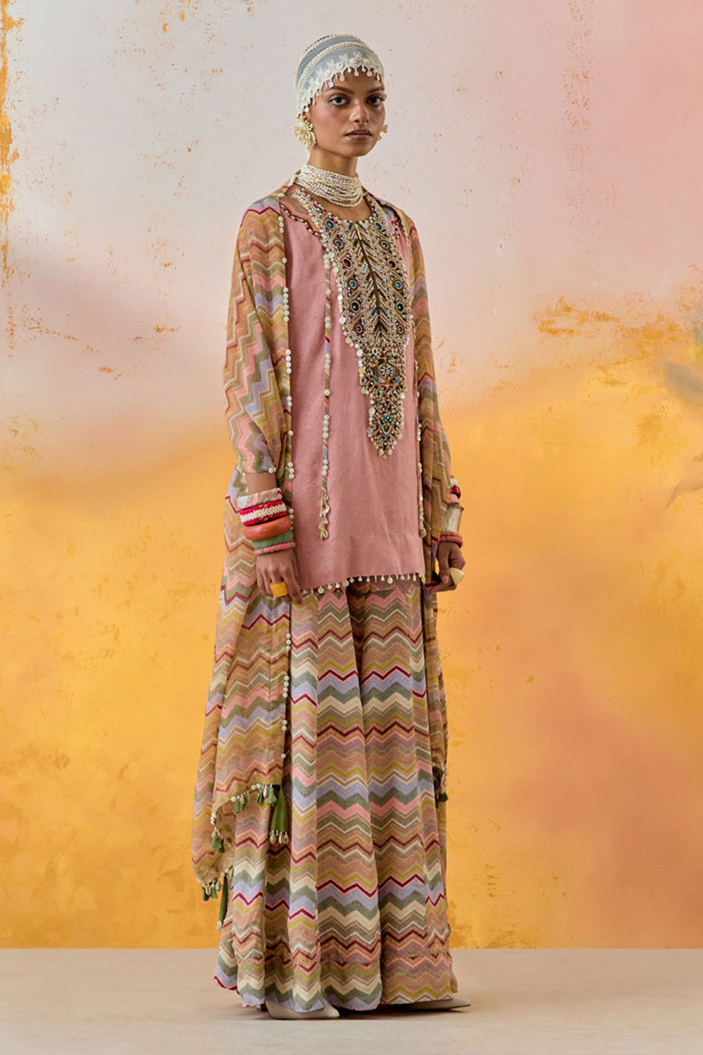 Shell Pink Mural Mitra Short Kurta with Flare Trouser and Dupatta