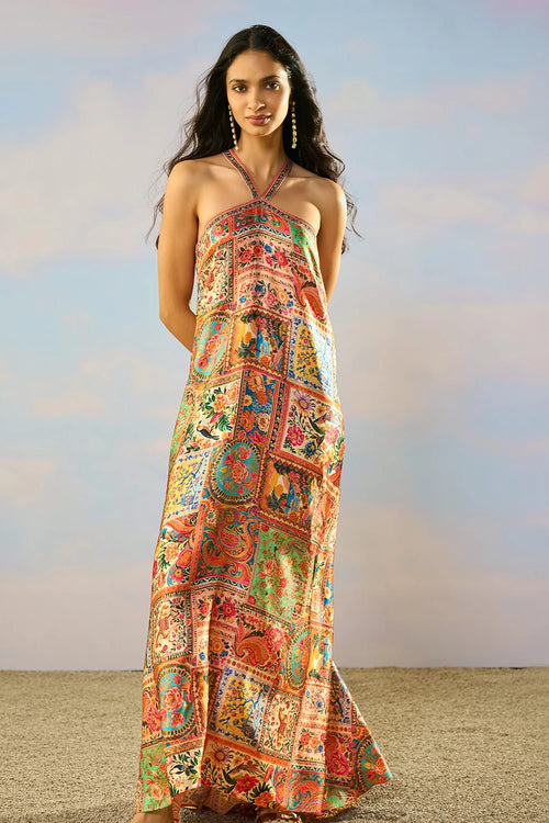 Ornamental Print Halter Maxi Dress