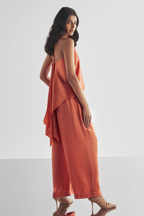 Back Knot Draped Textured Top And Pant Set