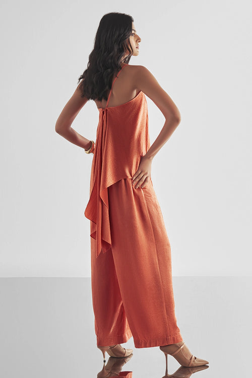 Back Knot Draped Textured Top And Pant Set