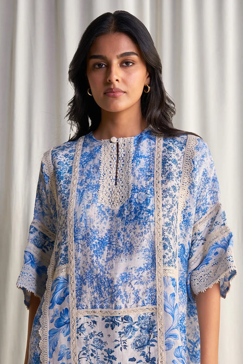 Silk Linen Porcelain Print Patchwork Dress