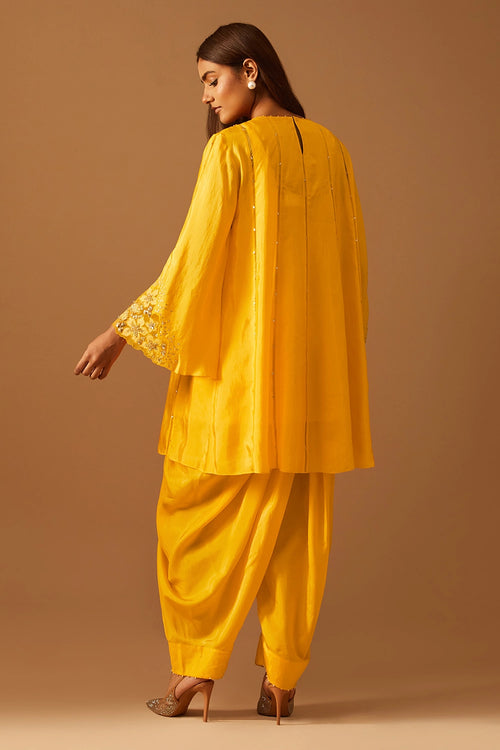 Saffron Floral Applique Silk Dhoti Set