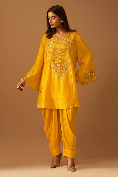 Saffron Floral Applique Silk Dhoti Set