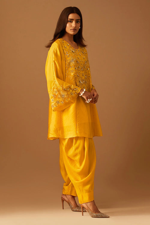 Saffron Floral Applique Silk Dhoti Set