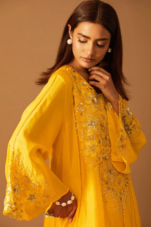 Saffron Floral Applique Silk Dhoti Set