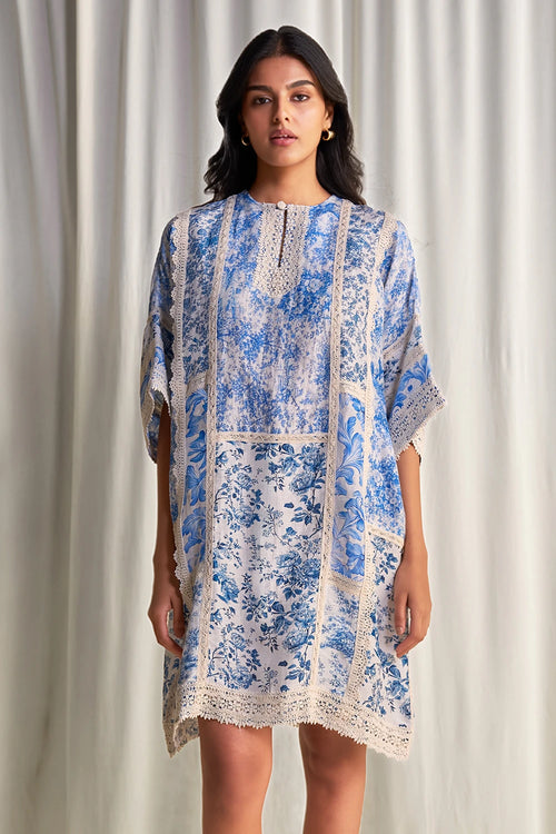 Silk Linen Porcelain Print Patchwork Dress