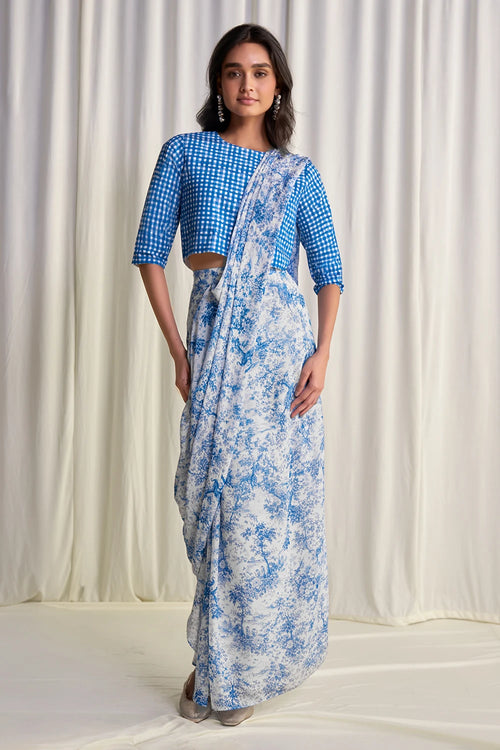 Linen Madras Check Print Top And Toile Print Sari Drape Skirt