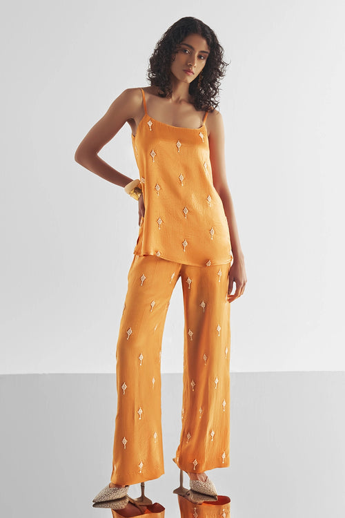 Bead Embroidered Satin Pant Set
