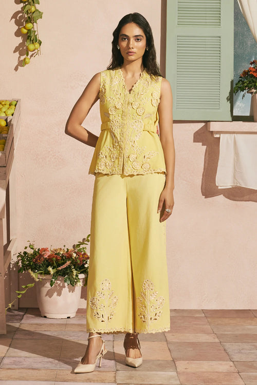 Butter Yellow Cutwork Waistcoat With Pants