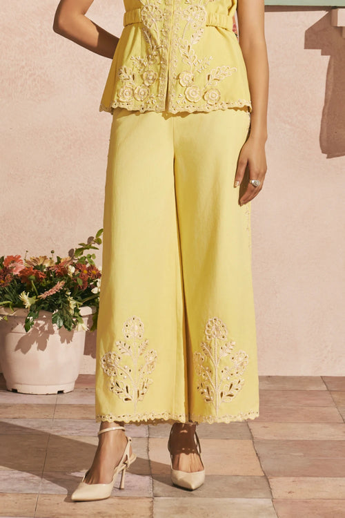 Butter Yellow Cutwork Waistcoat With Pants