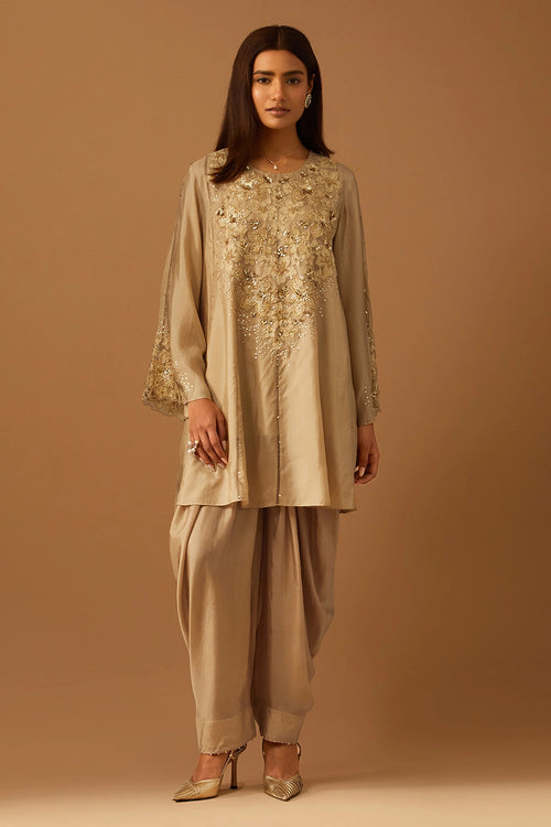 Shell Floral Applique Silk Dhoti Set