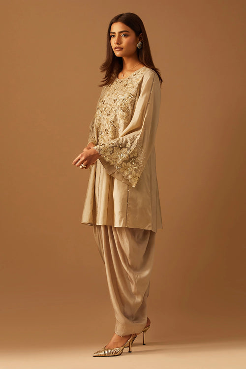Shell Floral Applique Silk Dhoti Set