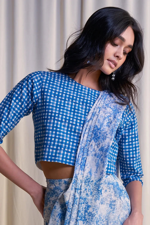 Linen Madras Check Print Top And Toile Print Sari Drape Skirt