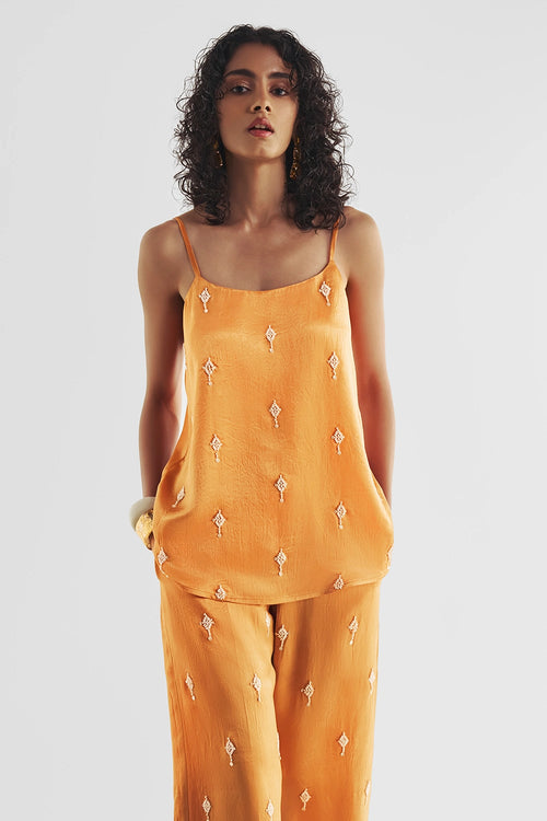 Bead Embroidered Satin Pant Set